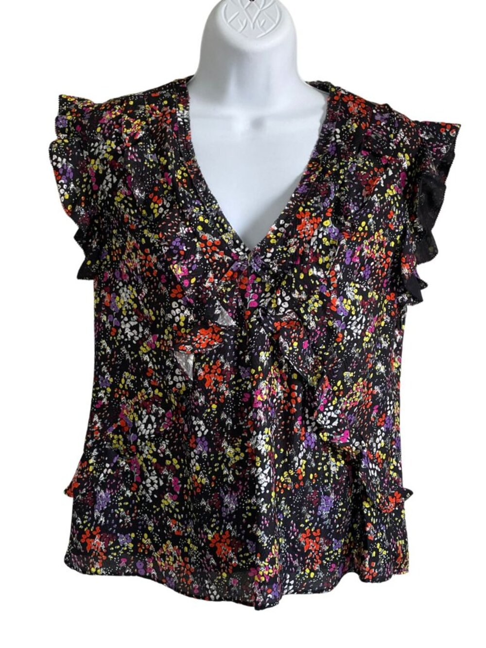 10 Crosby Derek Lam Silk Blend Floral Ruffle V-Neck Blouse Sz 2 Boho Glam